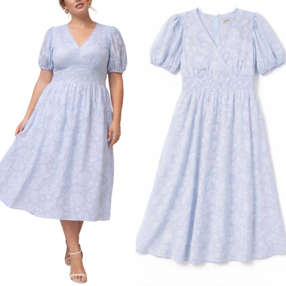 Grace Karin Blue Floral Dress L NWT Cottagecore Midi Puff Sleeve Smocked Lined